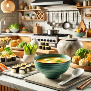 DALL·E 2024-08-31 18.19.52 - A vibrant kitchen scene featuring a variety of modern Japanese dishes, including miso soup, sushi, and vegetarian dumplings, all arranged beautifully0